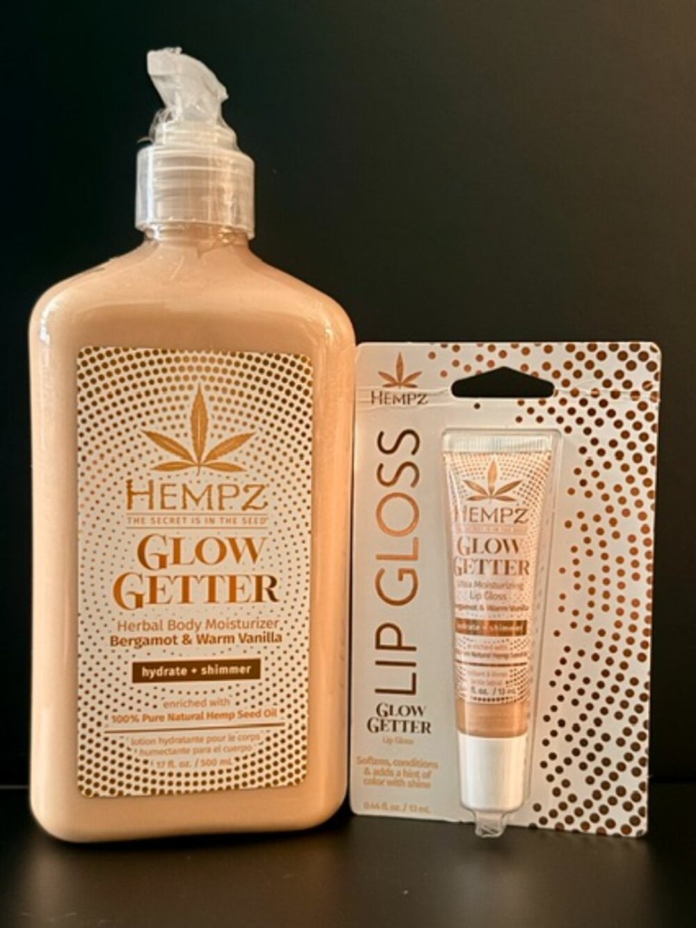 NEW Hempz Glow Getter Shimmer Lotion & Lip Gloss Set
